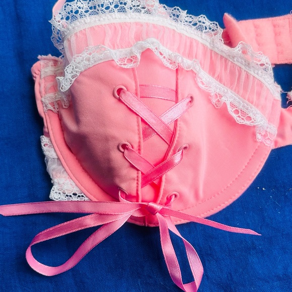 NWT vtg Coquette Y2K Baby Pink Lolita white lace up frilly bow bra delicates 34C - Picture 14 of 16
